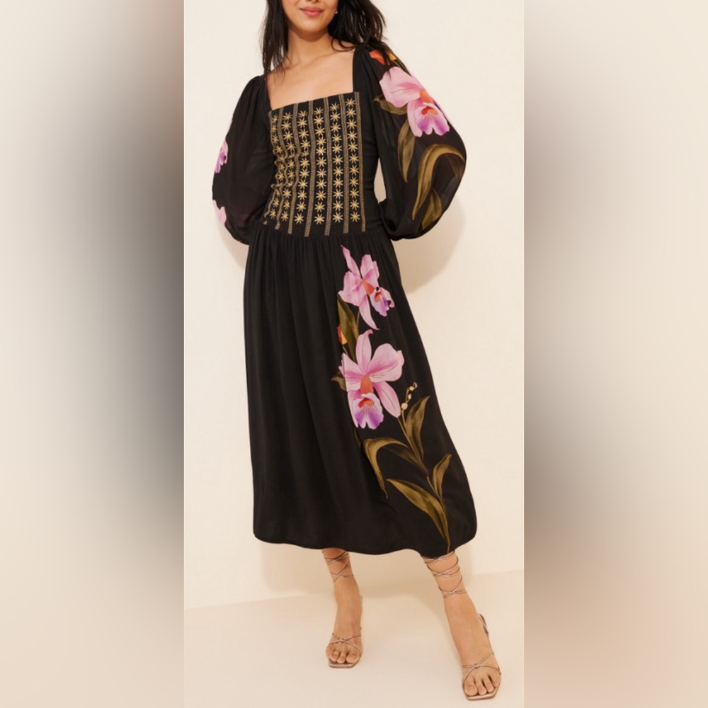 Farm Rio Floral Long Sleeve Midi Dress Size S
